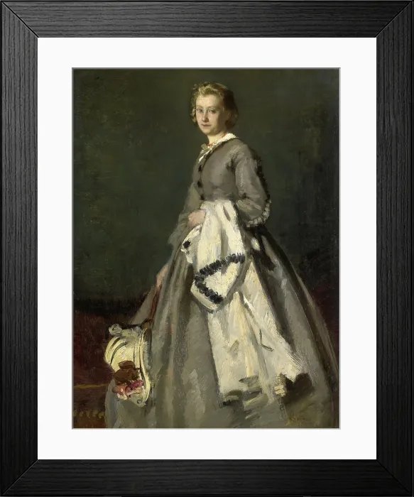 Framed Print : A Young Woman, by August Allebe, 1863, Dutch painting, oil on panel. Subject stands with a clock over her arm and a floral adorned hat (BSLOC_2016_2_53) Framed Print : A Young Woman, by August Allebe, 1863, Dutch painting, oil on panel. Subject stands with a clock over her arm and a floral adorned hat (BSLOC_2016_2_53)
