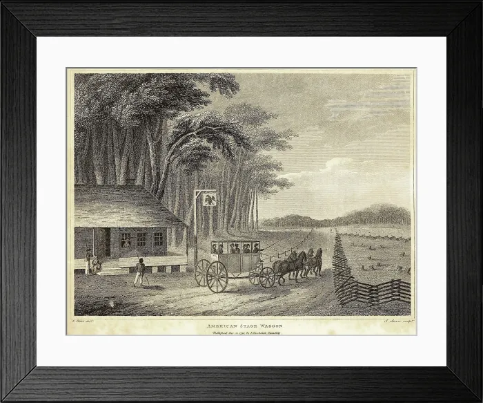 Framed Print : American Stage Wagon leaving a tavern. Ca. 1800 Framed Print : American Stage Wagon leaving a tavern. Ca. 1800