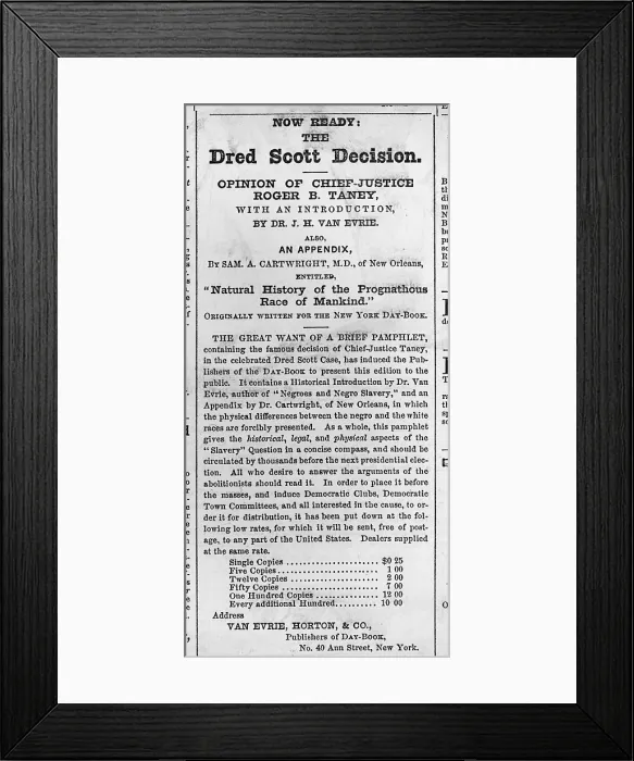 Framed Print : Advertisement for pamphlet of the Supreme Court's Dred Scott decision. 1857
