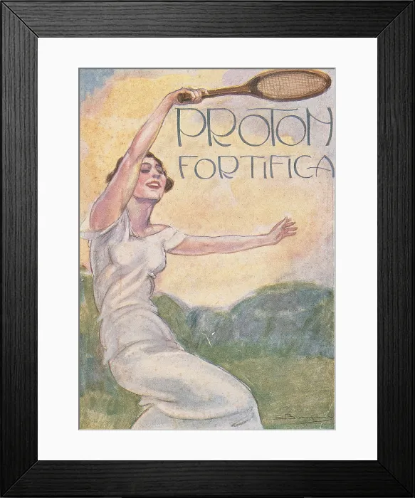 Framed Print : Poster for Proton, by Unknown Artist, 20th Century, - All. Poster advertising woman tennis player racket ball sport