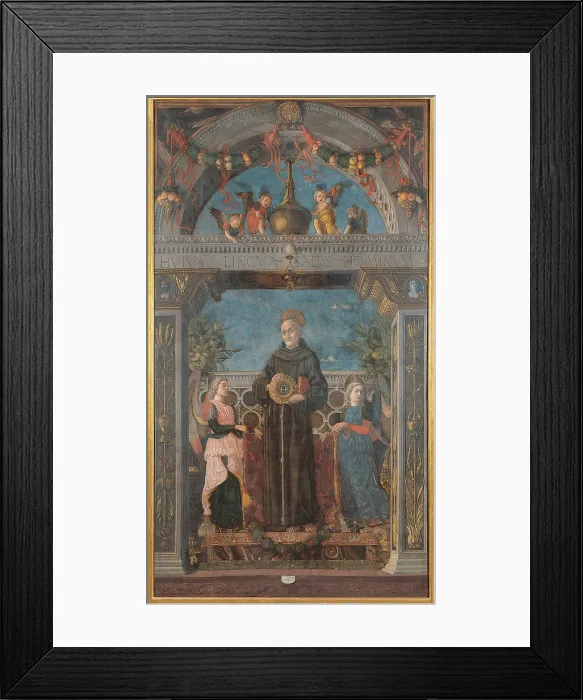 Framed Print : St Bernardine of Siena and Angels, by attributed to Andrea Mantegna, 1469 about, 15th Century, tempera on canvas, cm 385 x 220 - Italy, Lombardy, Milan, Brera art gallery. All