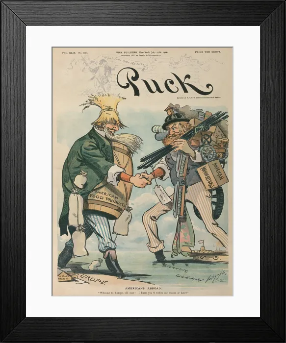 Framed Print : AMERICANS ABROAD. Cartoon captioned Welcome to Europe old man I knew you'd follow me sooner or later The cartoon celebrates U.S