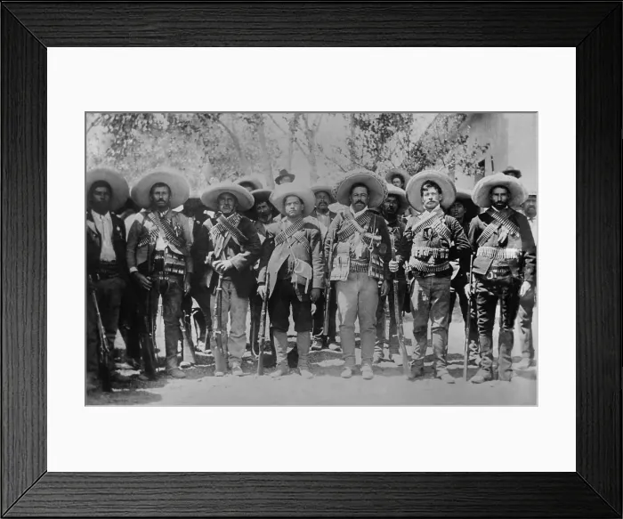 Framed Print : Francisco Pancho Villa and his officers after placing his soldiers under Maderos command. Villa is third from right at Maderos family estate, Hacienda Bustillos, c