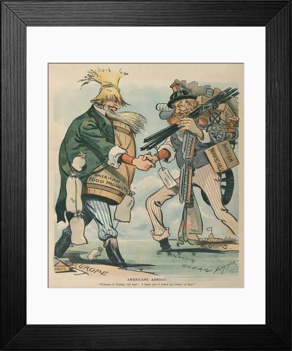 Framed Print : AMERICANS ABROAD. Cartoon captioned Welcome to Europe old man I knew you'd follow me sooner or later The cartoon celebrates U.S
