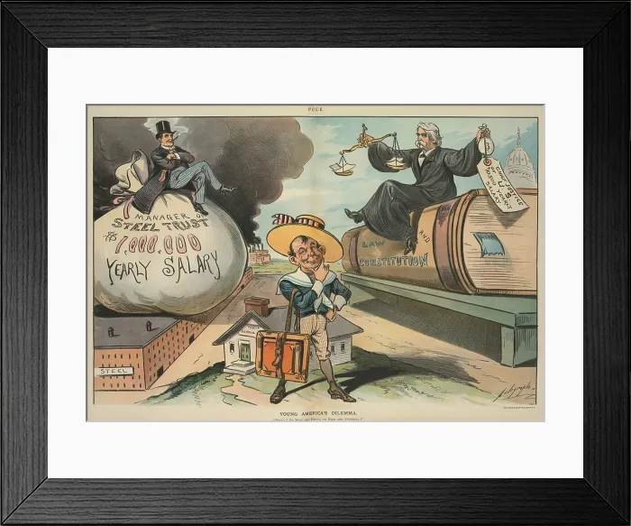 Framed Print : YOUNG AMERICA'S DILEMMMA. Cartoon comparing the million dollar salary of U.S. Steel manager Charles M. Schwab with the 10 500 salary of Supreme Court Chief Justice
