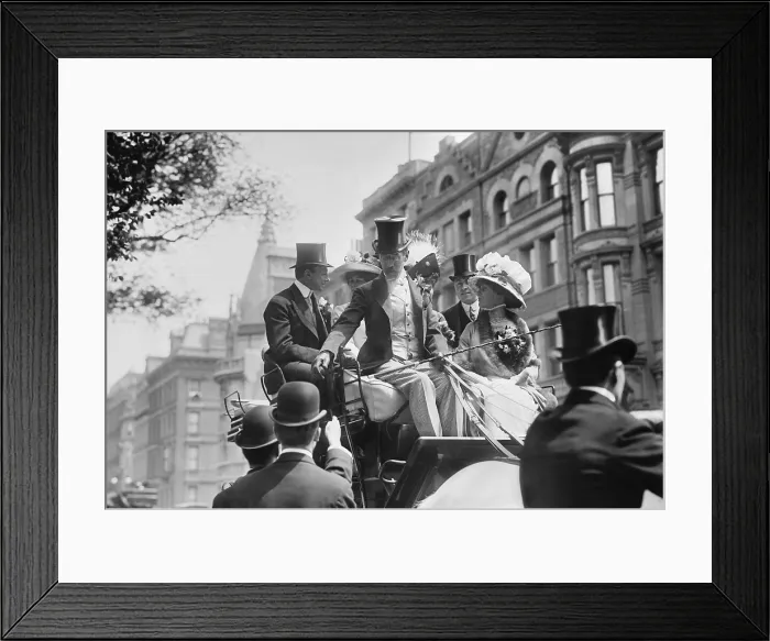 Framed Print : A Gilded Age coaching party in New York City, c. 1910. The Henry E. Coe family is dressed up in formal wear, jewelry, elaborate hats, and flowers Framed Print : A Gilded Age coaching party in New York City, c. 1910. The Henry E. Coe family is dressed up in formal wear, jewelry, elaborate hats, and flowers