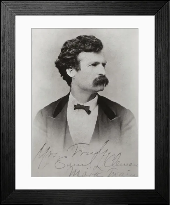 Framed Print : Mark Twain (aka Samuel Clemens), portrait taken c. 1870 when he was about 35 years old. The photograph is autographed, Yours Truly, Samuel Clemens, Mark Twain (BSLOC_2016_11_125)