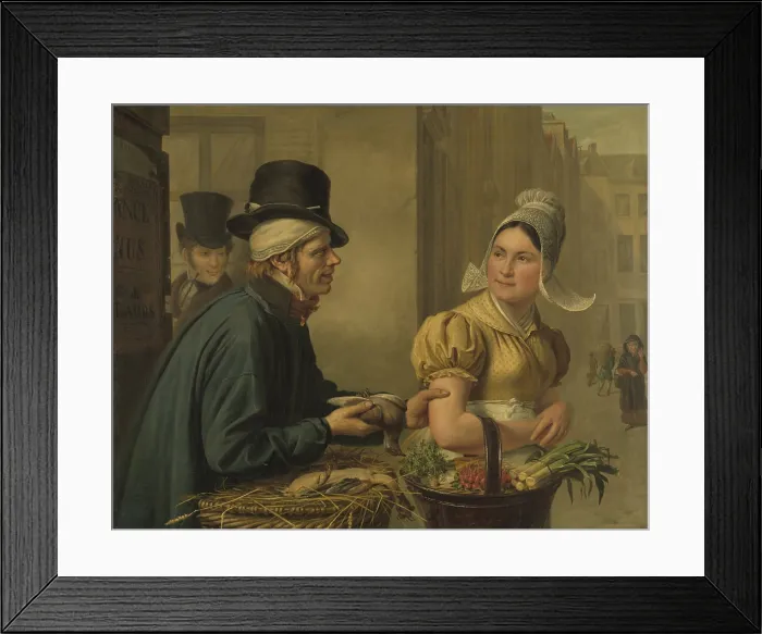 Framed Print : The Poultryman, Ignace Brice, 1827, Belgian, painting, oil on canvas. Street scene of man grabbing a young women's arm at a market to sell her a dead pigeon (BSLOC_2016_2_163)