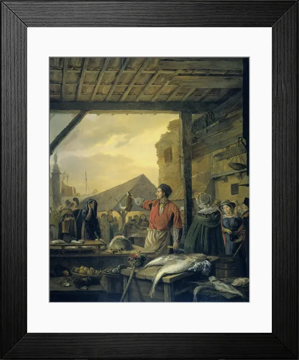 Framed Print : The Fish Market in Antwerp, by Ignatius Josephus Van Regemorter, 1827, Belgian painting, oil on panel. A fishmonger holds a fish up to a female customer (BSLOC_2016_2_166)