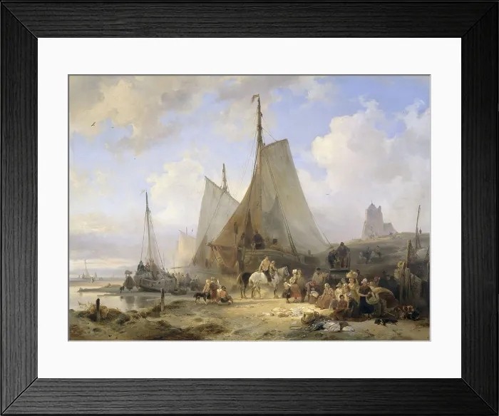 Framed Print : Fishing Boats on the Beach with Fishermen and Women Sorting the Catch, by Wijnand Nuijen, 1835, Belgian painting, oil on panel