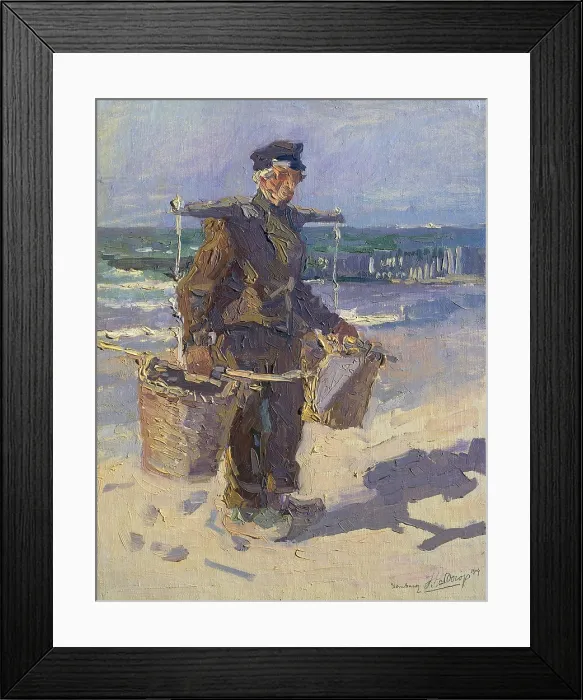 Framed Print : The Shells fisherman, by Jan Toorop, 1904, Dutch painting, oil on canvas. A fisherman from Domburg, carrying his catch with a yoke with baskets on their shoulders