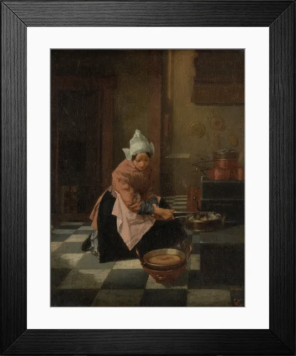 Framed Print : The Waffle Baker, by Alexander Hugo Bakker Korff, c. 1850-82, Dutch painting, oil on panel. Kitchen scene of a woman with a waffle iron in her hand