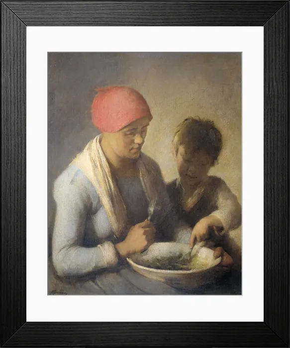 Framed Print : The Meal, by Auguste Boulard, c. 1850-92, Dutch painting, oil on canvas. A farmer's wife and her child eating together from a large bowl (BSLOC_2016_2_169)