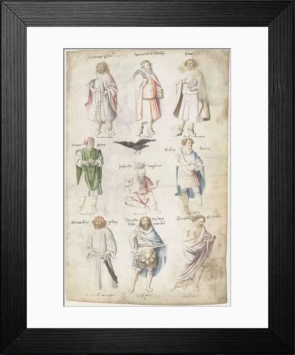 Framed Print : Nine men from Antiquity, by Barthelemy d Eyck, c. 1440, Dutch drawing with paint on parchment manuscript page Framed Print : Nine men from Antiquity, by Barthelemy d Eyck, c. 1440, Dutch drawing with paint on parchment manuscript page