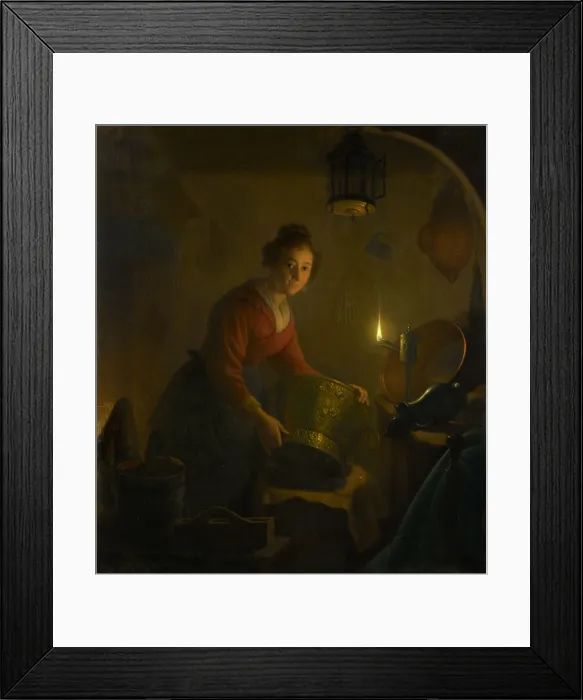 Framed Print : A Woman in a Kitchen by Candlelight, by Michiel Versteegh, c. 1830, Dutch painting, oil on panel. She is handling large metal pots by the light of an oil lamp (BSLOC_2016_2_171)