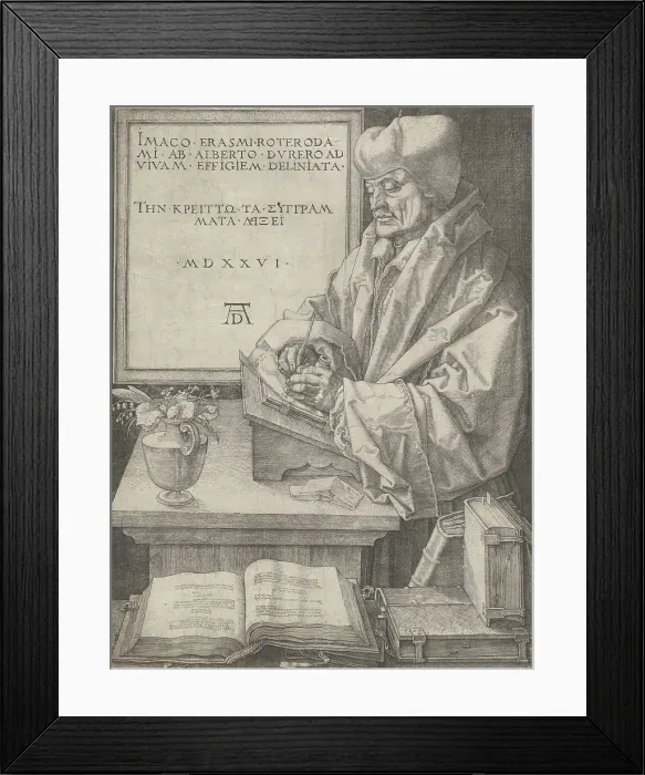 Framed Print : Portrait of Erasmus by Albrecht Durer, 1526, German Renaissance engraving. Erasmus, writing as he stands at a lectern (BSLOC_2016_2_158)