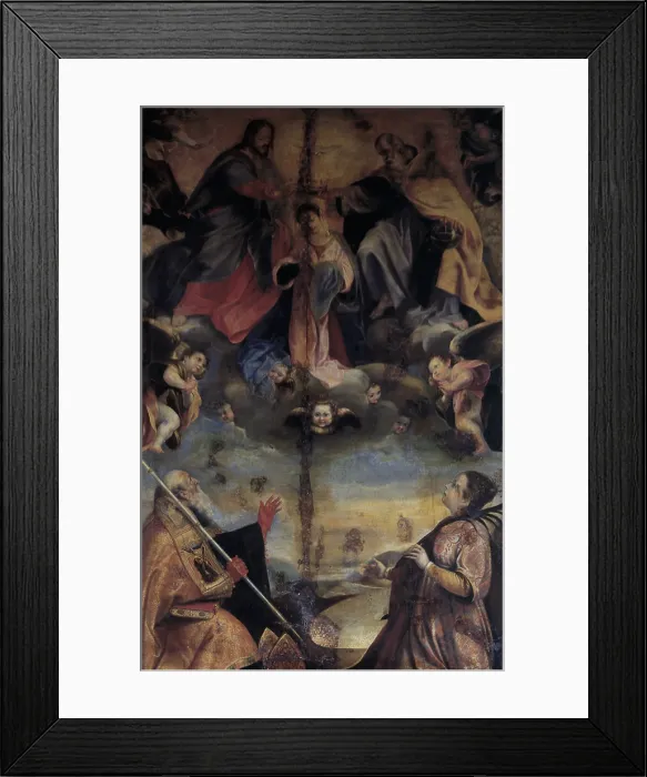 Framed Print : Coronation of the Virgin with Saints Christina and Benedict, by Workshop of Federico Fiori also known as Barocci or Baroccio, 1590 - 1610, 16th Century, oil on canvas