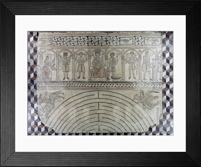 Framed Print : Labyrinth and personification of the months, by Unknown Artist, 12th Century, mosaic - Italy, Lombardy, Pavia, Church of Saint Michele Maggiore. Whole artwork view