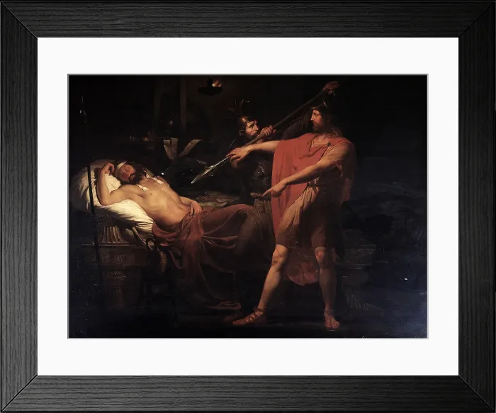Framed Print : David holds Abigail's arm stabbing King Saul in his sleep, by Carlo Bellosio, 1835, 19th Century, oil on canvas - Italy, Lazio, Rome, Deputies Hall. Whole artwork view Framed Print : David holds Abigail's arm stabbing King Saul in his sleep, by Carlo Bellosio, 1835, 19th Century, oil on canvas - Italy, Lazio, Rome, Deputies Hall. Whole artwork view