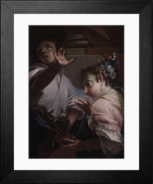 Framed Print : Medea and Jason, by Cesare Ligari, 1752, 18th Century, oil on canvas - Private collection. Whole artwork view. Jason scared