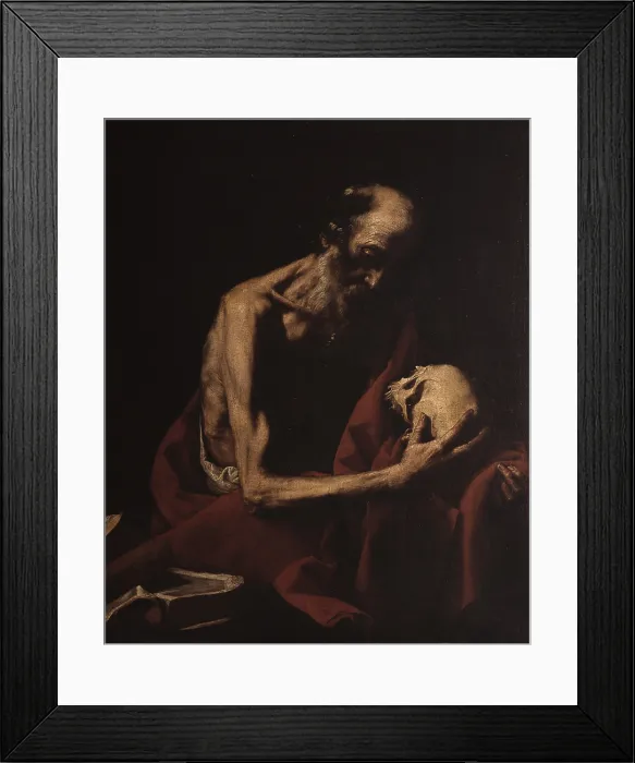 Framed Print : St. Jerome in Meditation, School of Giuseppe de Ribera also known as Spagnoletto, 17th Century, oil on canvas - Italy, Lombardy, Milan, Brera Collection. Whole artwork view