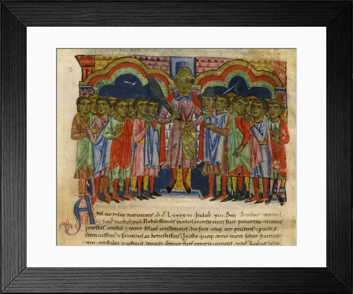 Framed Print : Mayor of Genoa Drudus Marcellinus with consuls and councilors, from Annales Ianuenses, ms.lat Framed Print : Mayor of Genoa Drudus Marcellinus with consuls and councilors, from Annales Ianuenses, ms.lat