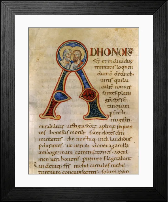 Framed Print : Illuminated Capital A with Heads of Saints. Passionario, ms. F, f.148r, by Unknown Artist, 12th Century, miniature - Italy, Tuscany, Lucca, Capitolare Feliniana Library. Detail