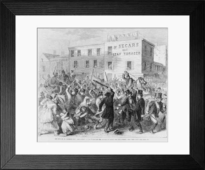 Framed Print : New York City police are attacked by a drunken group of Irish-American men celebrating St. Patrick's Day at the corner of Grand and Pitt Streets in 1867