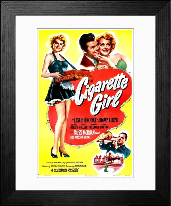 Framed Print : CIGARETTE GIRL, US poster, top left from left: Leslie Brooks, Jimmy Lloyd, Leslie Brooks, bottom right: Russ Morgan, 1947