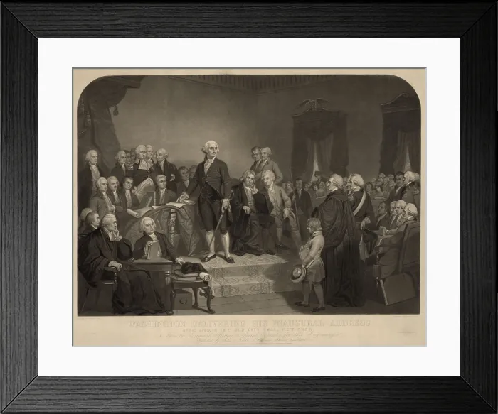 Framed Print : George Washington delivering his inaugural address to Congress, April 1789. Mezzotint engraving after painting by H.S. Sadd (BSLOC_2016_14_114) Framed Print : George Washington delivering his inaugural address to Congress, April 1789. Mezzotint engraving after painting by H.S. Sadd (BSLOC_2016_14_114)