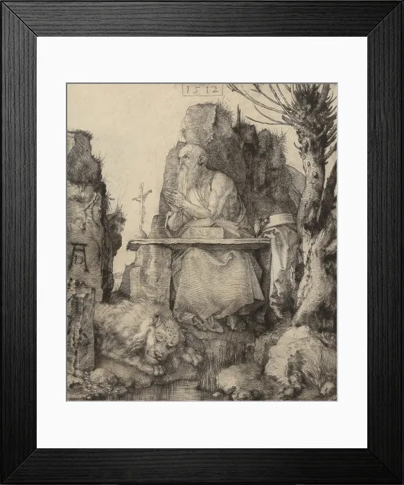 Framed Print : St Jerome in the Wilderness, by Albrecht Durer, 1512, German print, copper dry point engraving. Jerome as a hermit in the desert, praying from a rocky desk