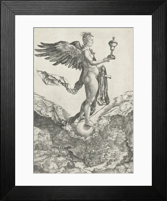 Framed Print : Nemesis, by Albrecht Durer, 1499-1503, German print, copper engraving. The winged goddess of divine retribution on a globe floating above a river valley village (BSLOC_2016_2_183) Framed Print : Nemesis, by Albrecht Durer, 1499-1503, German print, copper engraving. The winged goddess of divine retribution on a globe floating above a river valley village (BSLOC_2016_2_183)