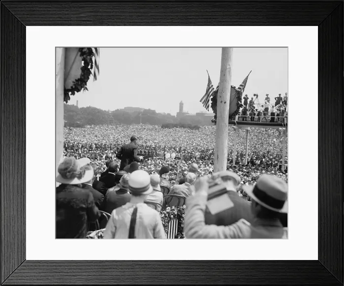 Framed Print : Charles Lindbergh addresses a massive crowd at the Washington Monument, June 11, 1927. His address was broadcast over the radio Framed Print : Charles Lindbergh addresses a massive crowd at the Washington Monument, June 11, 1927. His address was broadcast over the radio