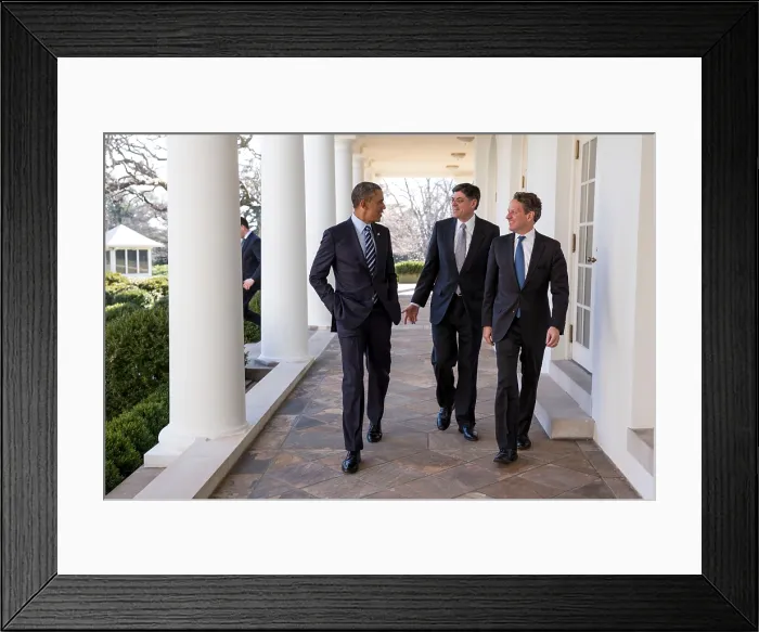 Framed Print : President Obama talks with Chief of Staff Jack Lew, center, and Treasury Sec. Timothy Geithner. White House Colonnade, Jan. 10, 2013. (BSLOC_2015_13_257) Framed Print : President Obama talks with Chief of Staff Jack Lew, center, and Treasury Sec. Timothy Geithner. White House Colonnade, Jan. 10, 2013. (BSLOC_2015_13_257)