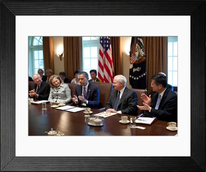 Framed Print : Defense Secretary Robert Gates receives cabinet applause after assassination of Osama Bin Laden. May 3, 2011. In center are Hillary Clinton, Barack Obama, and Gates Framed Print : Defense Secretary Robert Gates receives cabinet applause after assassination of Osama Bin Laden. May 3, 2011. In center are Hillary Clinton, Barack Obama, and Gates