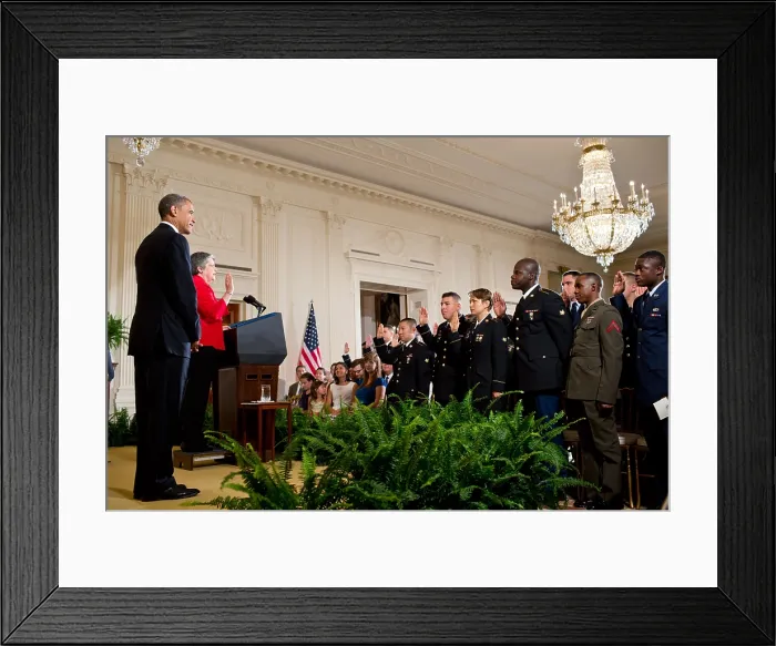 Framed Print : Secretary Janet Napolitano administers the oath during a military naturalization ceremony. These non-citizen residents of the U.S. Military qualified for expedited citizenship