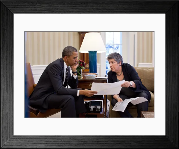 Framed Print : President Barack Obama meets with Homeland Security Secretary Janet Napolitano. Oval Office, White House, Jan. 31, 2012 (BSLOC_2015_13_245)