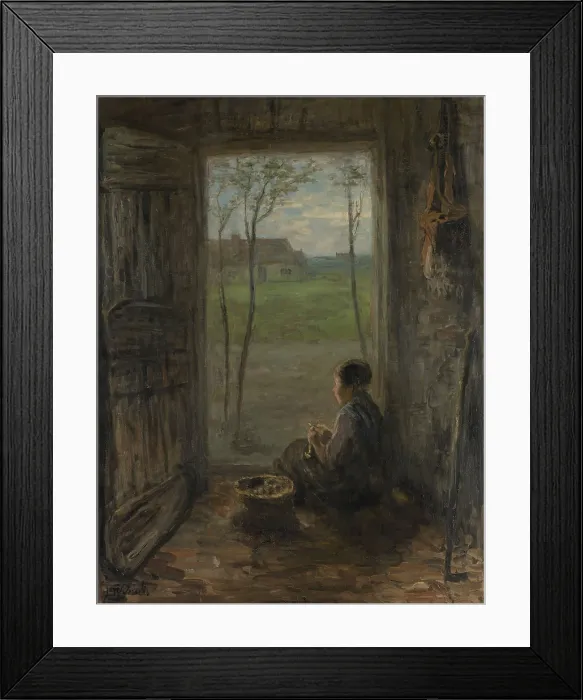 Framed Print : Larens Scene, Girl Peeling Potatoes, by Jozef Israels, Dutch painting, oil on canvas. She sits in a doorway, facing the landscape (BSLOC_2016_2_172) Framed Print : Larens Scene, Girl Peeling Potatoes, by Jozef Israels, Dutch painting, oil on canvas. She sits in a doorway, facing the landscape (BSLOC_2016_2_172)