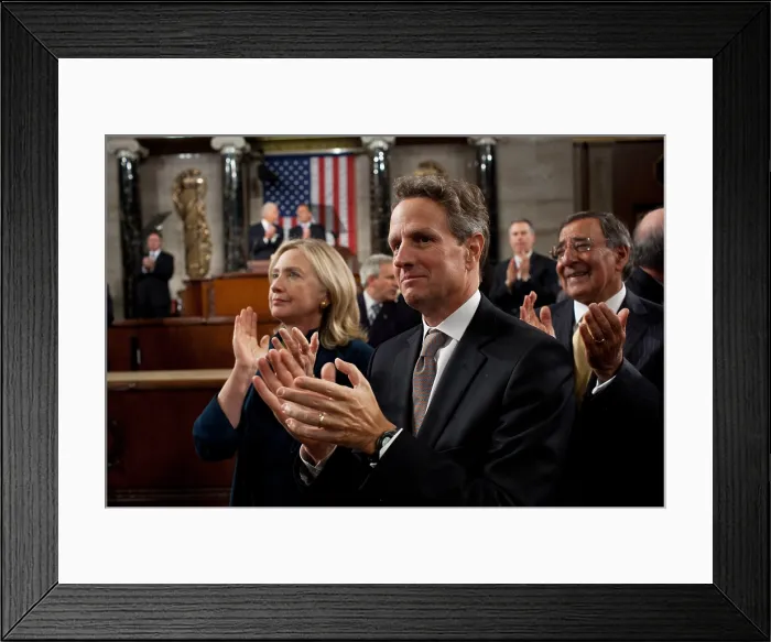 Framed Print : Senior Cabinet members applaud President Obama at the Capitol. L-R: Sec. of State Hillary Clinton; Treasury Sec. Timothy Geithner; and Defense Sec. Leon Panetta. Sept. 8, 2011 Framed Print : Senior Cabinet members applaud President Obama at the Capitol. L-R: Sec. of State Hillary Clinton; Treasury Sec. Timothy Geithner; and Defense Sec. Leon Panetta. Sept. 8, 2011