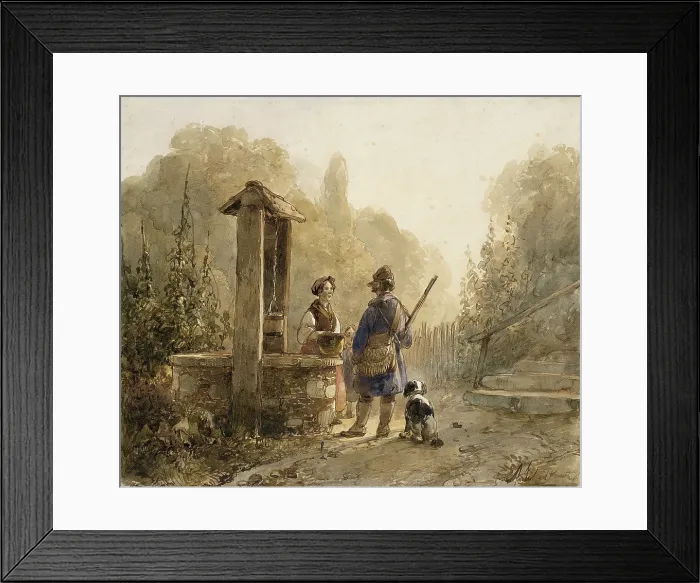 Framed Print : Hunter in Conversation with a Peasant Woman at a Well, by Andreas Schelfhout, Dutch watercolor painting (BSLOC_2016_2_173)