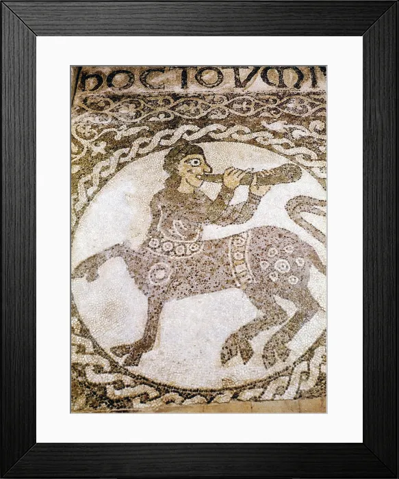 Framed Print : Clypeus with centaur who plays the horn, by Unknown Artist, 12th Century, mosaic - Italy, Calabria, Ronnaso, Abbey of Patire. Detail Framed Print : Clypeus with centaur who plays the horn, by Unknown Artist, 12th Century, mosaic - Italy, Calabria, Ronnaso, Abbey of Patire. Detail