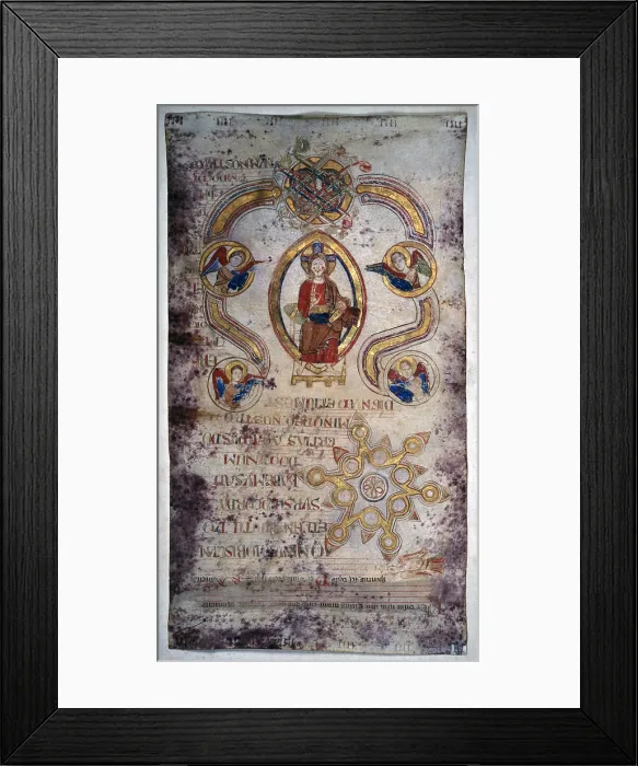 Framed Print : Big Capital V of the Vere Dignum with a figure of Christ in an Almond; Exultet, by Unknown Artist, 11th - 12th Century, miniature - Italy, Lazio, Gaeta, Diocesan Museum