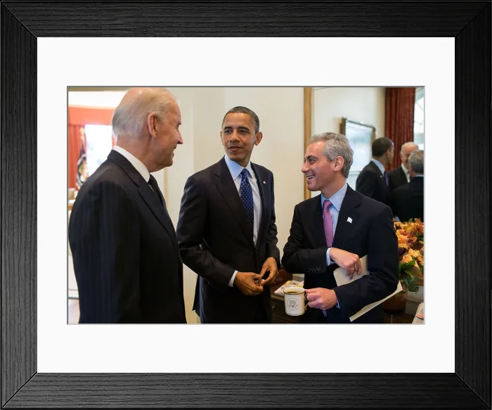 Framed Print : President Barack Obama and VP Joe Biden with newly elected Chicago Mayor Rahm Emanuel. Outer Oval Office, Nov