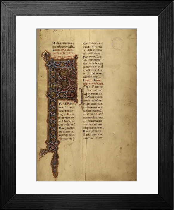 Framed Print : Illuminated Capital F. Evangeliario, ms. 10, f.1, 12th Century, miniature - Italy, Sicily, Messina, Seminary. Whole artwork view. Capital P decorated with vegetal patterns