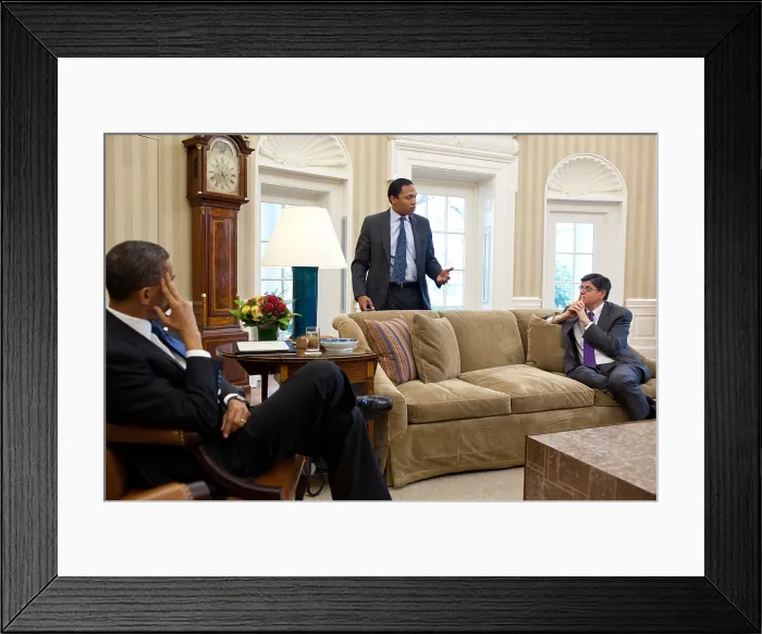 Framed Print : President Obama meets with Rob Nabors, Asst. for Legislative Affairs, and Budget Director Jack Lew. April 8, 2011