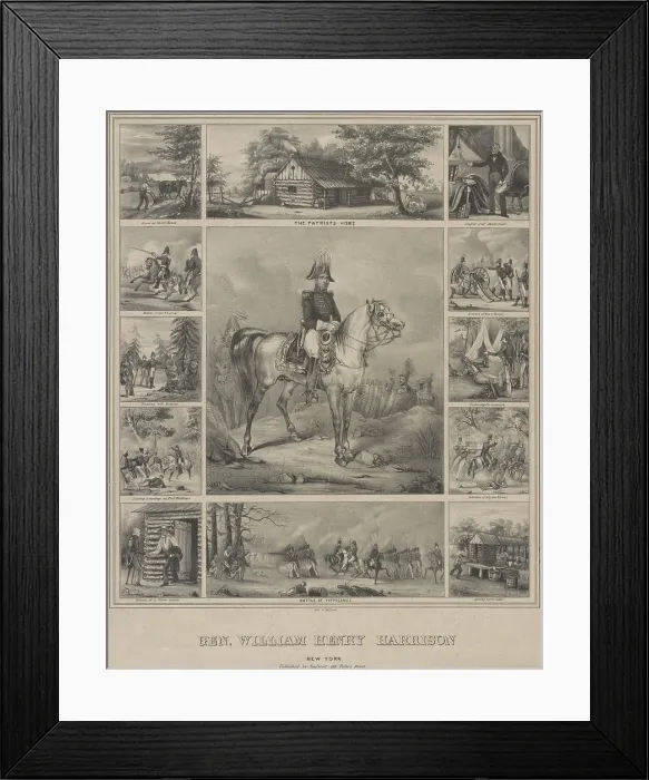 Framed Print : Scenes from the life of 1840 Whig Presidential candidate William Henry Harrison. The print was published during Harrison's successful 1840 campaign for the Presidency