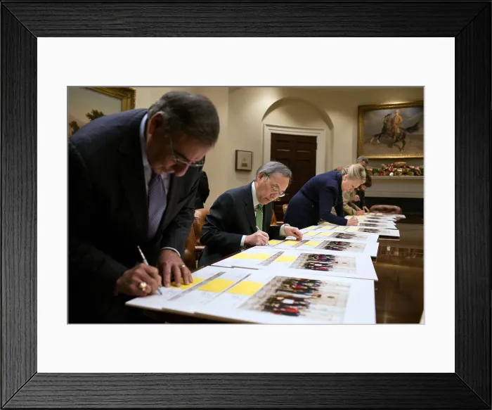 Framed Print : President Barack Obama meets with Treasury Sec. Timothy Geithner in the Oval Office. Aug. 5, 2011. In the background is National Economic Council Director Gene Sperling