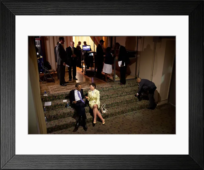Framed Print : President Barack Obama relaxes with Senior Advisor Valerie Jarrett. They talked backstage before a reception in Philadelphia, Pa. June 30, 2011. (BSLOC_2015_13_252)