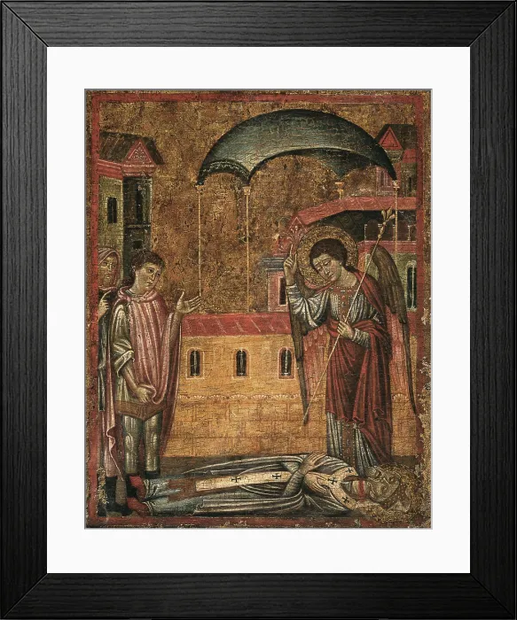 Framed Print : Saint Verano full length between two angels and six stories of his legend, by Unknown Artist from Pisa, 1270, 13th Century, tempera on board - Italy, Lombardy, Milan
