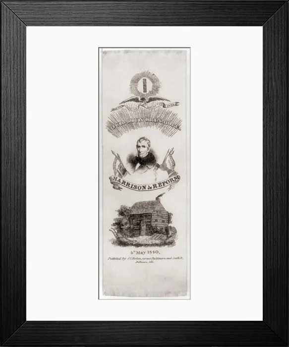 Framed Print : William Henry Harrison campaign ribbon 1840. An eagle holds a streamer with the words Union for the Sake of the Union above Harrison's portrait Framed Print : William Henry Harrison campaign ribbon 1840. An eagle holds a streamer with the words Union for the Sake of the Union above Harrison's portrait